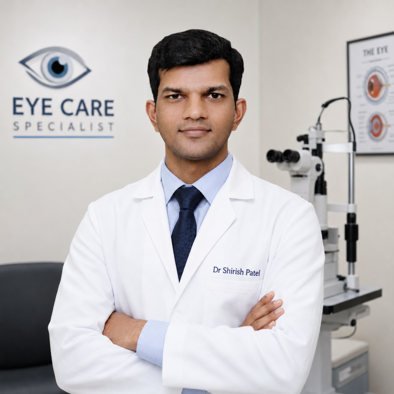 Dr. Shirish Patel, Consultant Eye Surgeon in white apron at Advance Eye Care Centre, Goregaon West, Mumbai